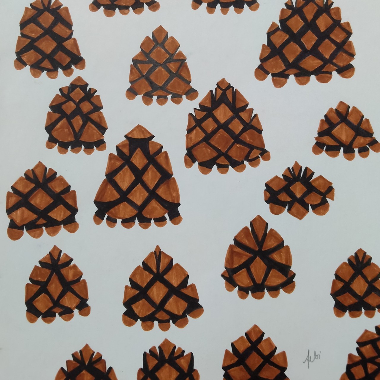 Hand-drawn pinecones wallpaper, made using coloring marker and drawing pen