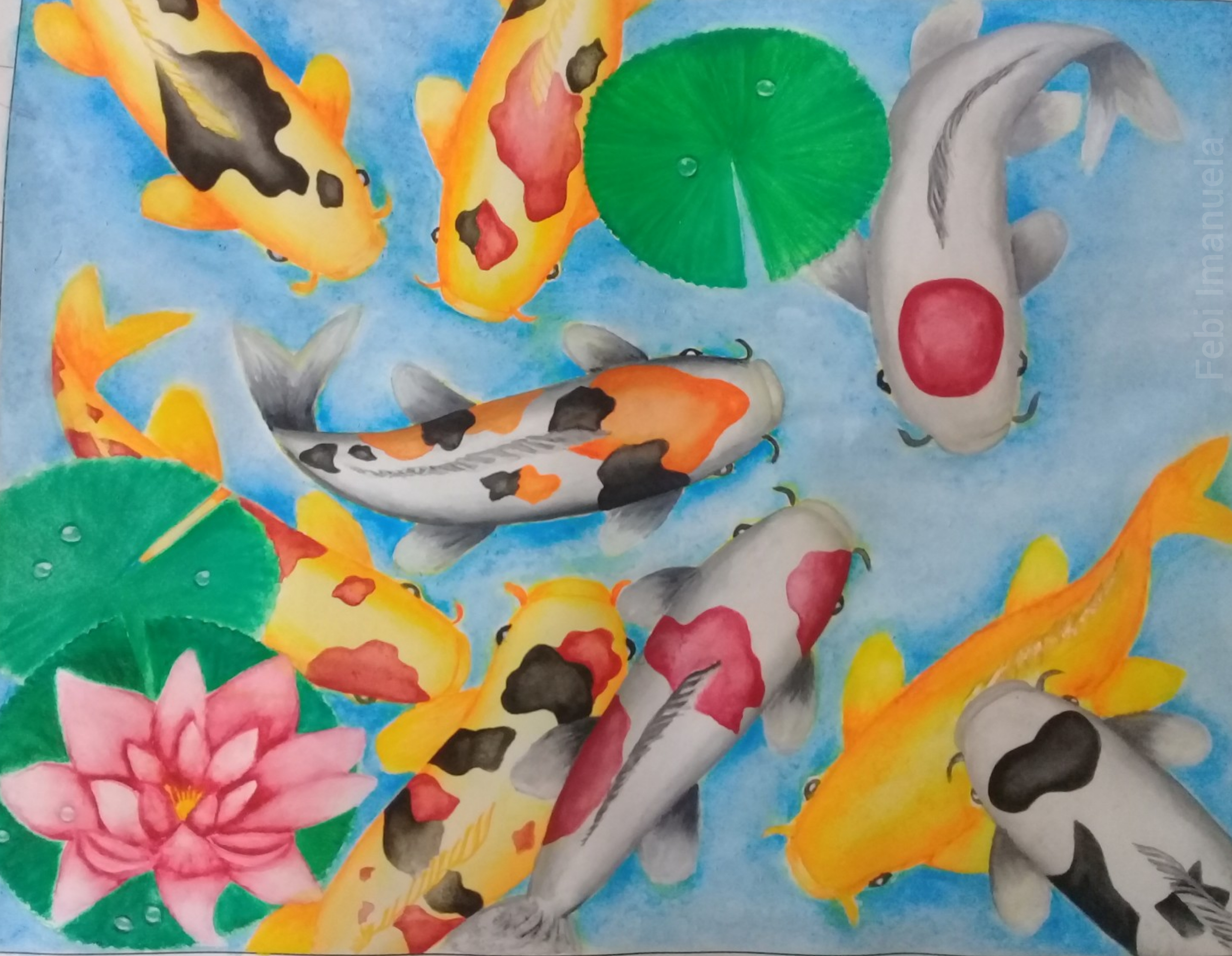 Painting of nine koi fishes in Chinese culture, made using watercolor