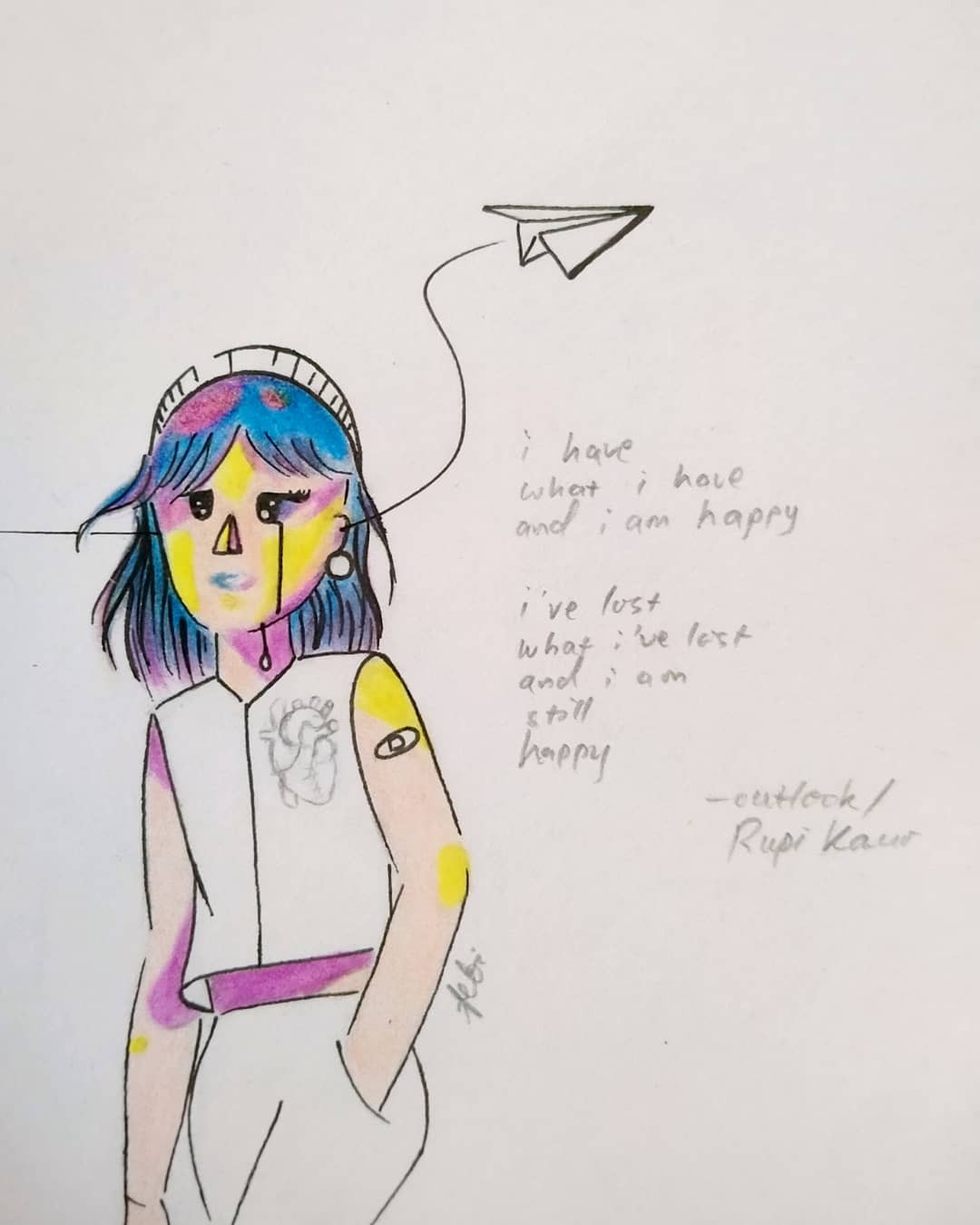 Melancholy girl with glistening teary eyes in pop art version, quotes from Rupi Kaur's Outlook poem, made using coloring pencil