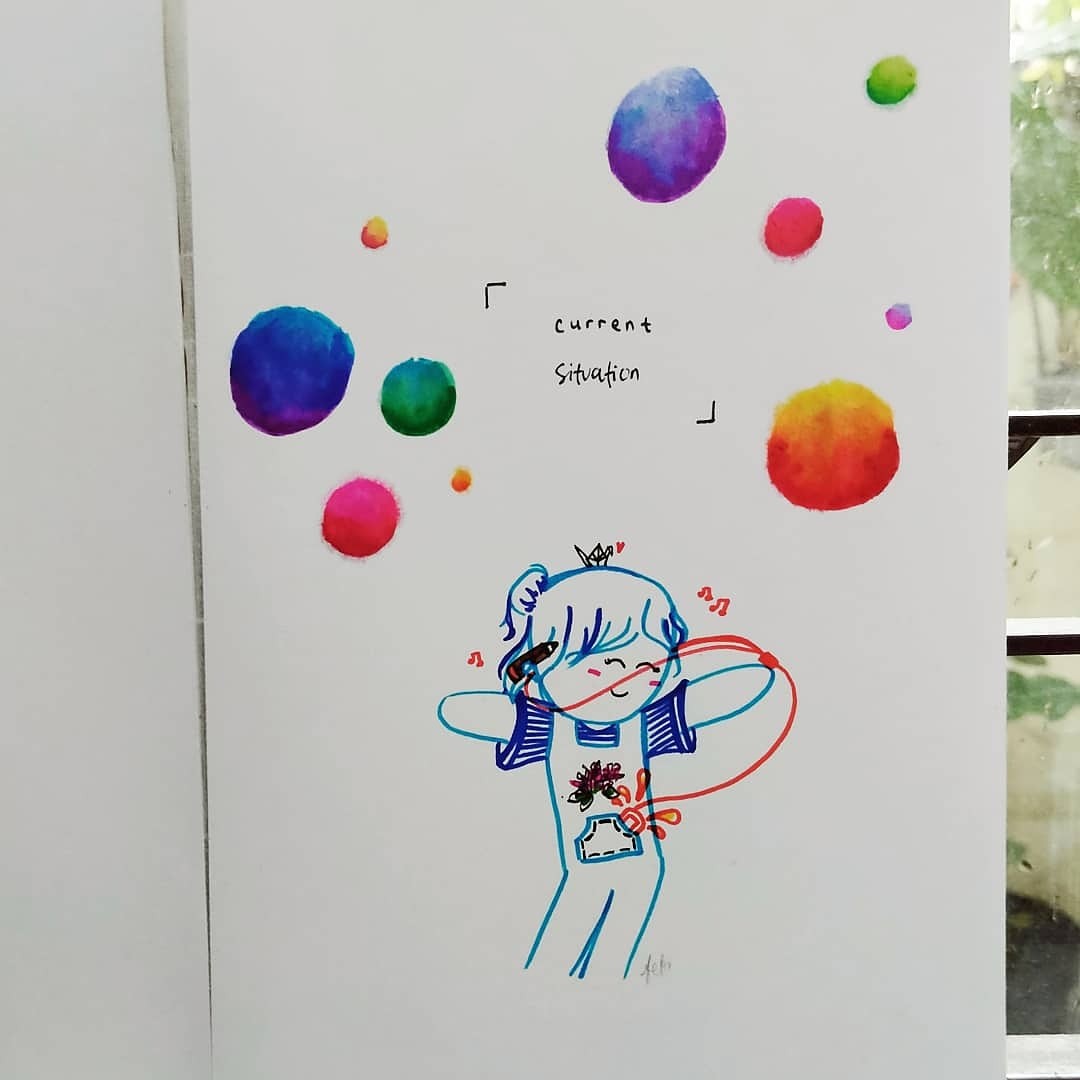 Feeling-good-vibe girl cartoon, made using coloring marker and watercolor pen