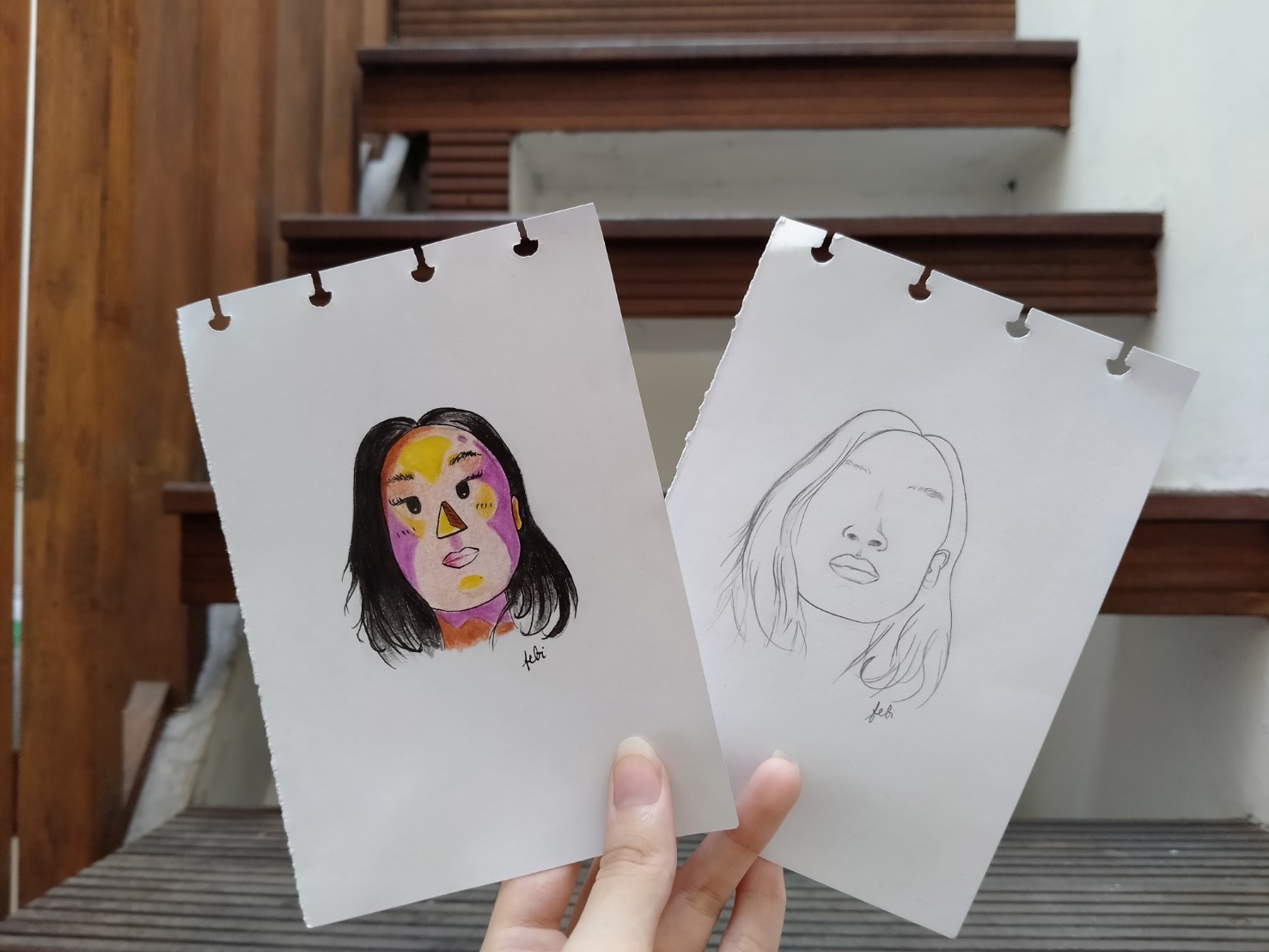 Self portrait in pencil sketch version and pop art version