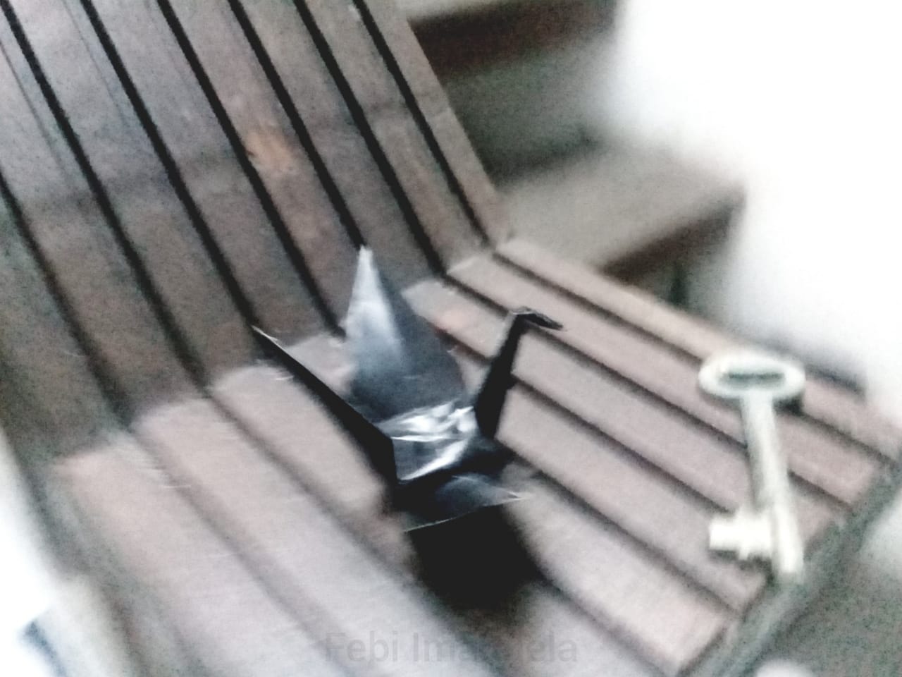 black bird origami in motion, it tried to fly from the wooden stairs